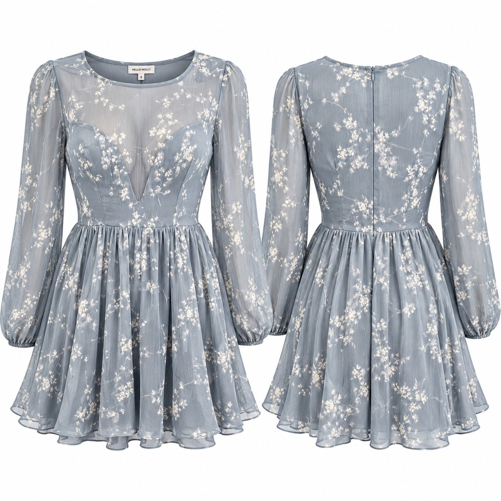 Hello Molly Women 8 Blue Dloral Chiffon Mini Dress Sheer Long Sleeved Lined